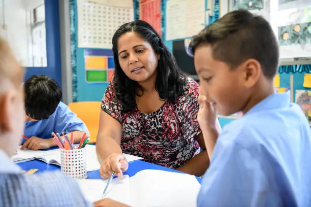 A teacher exemplifying one of the 10 essential classroom management skills as her class is focused and organised.